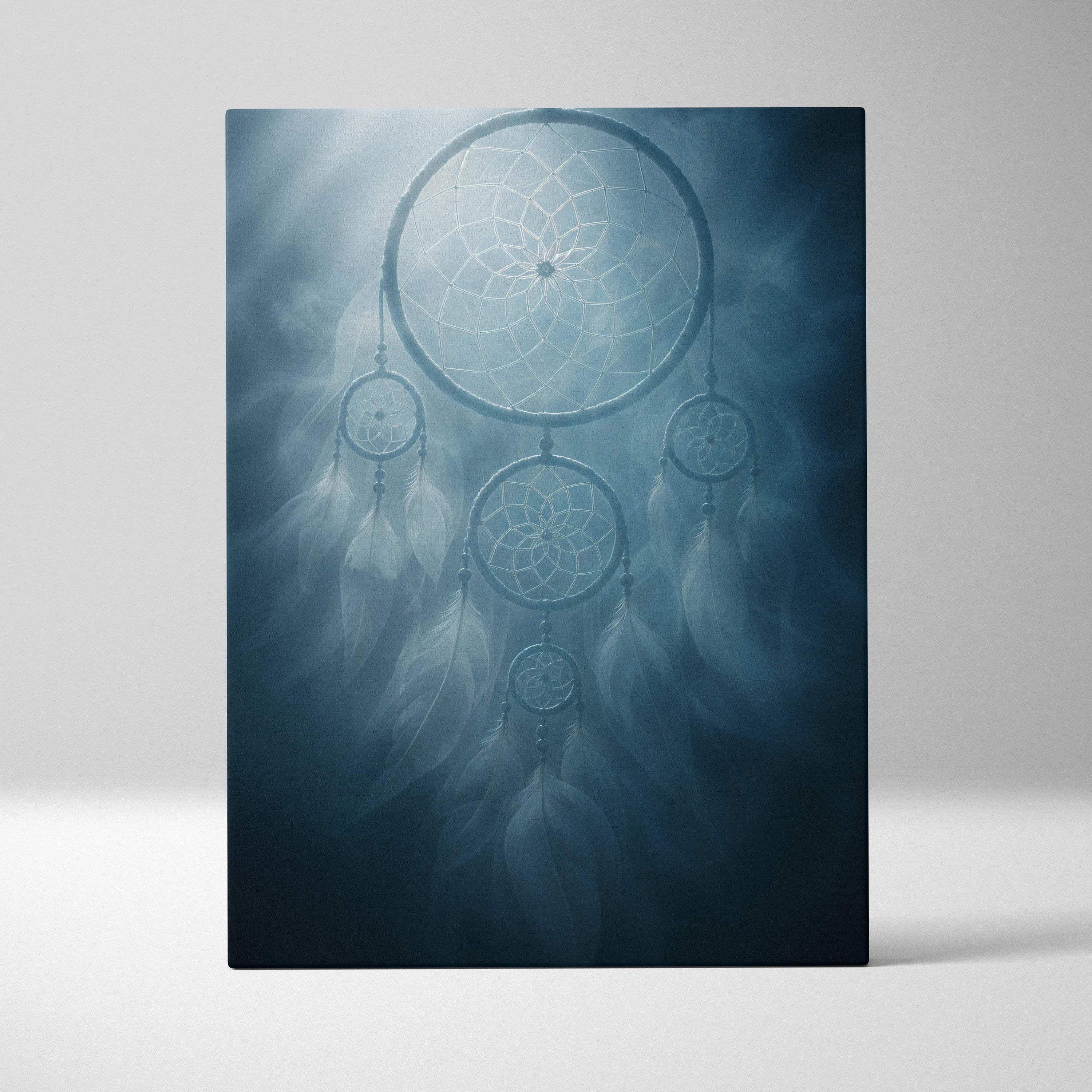 Serene blue-toned dreamcatcher canvas wall art with feathers and moonlit tones