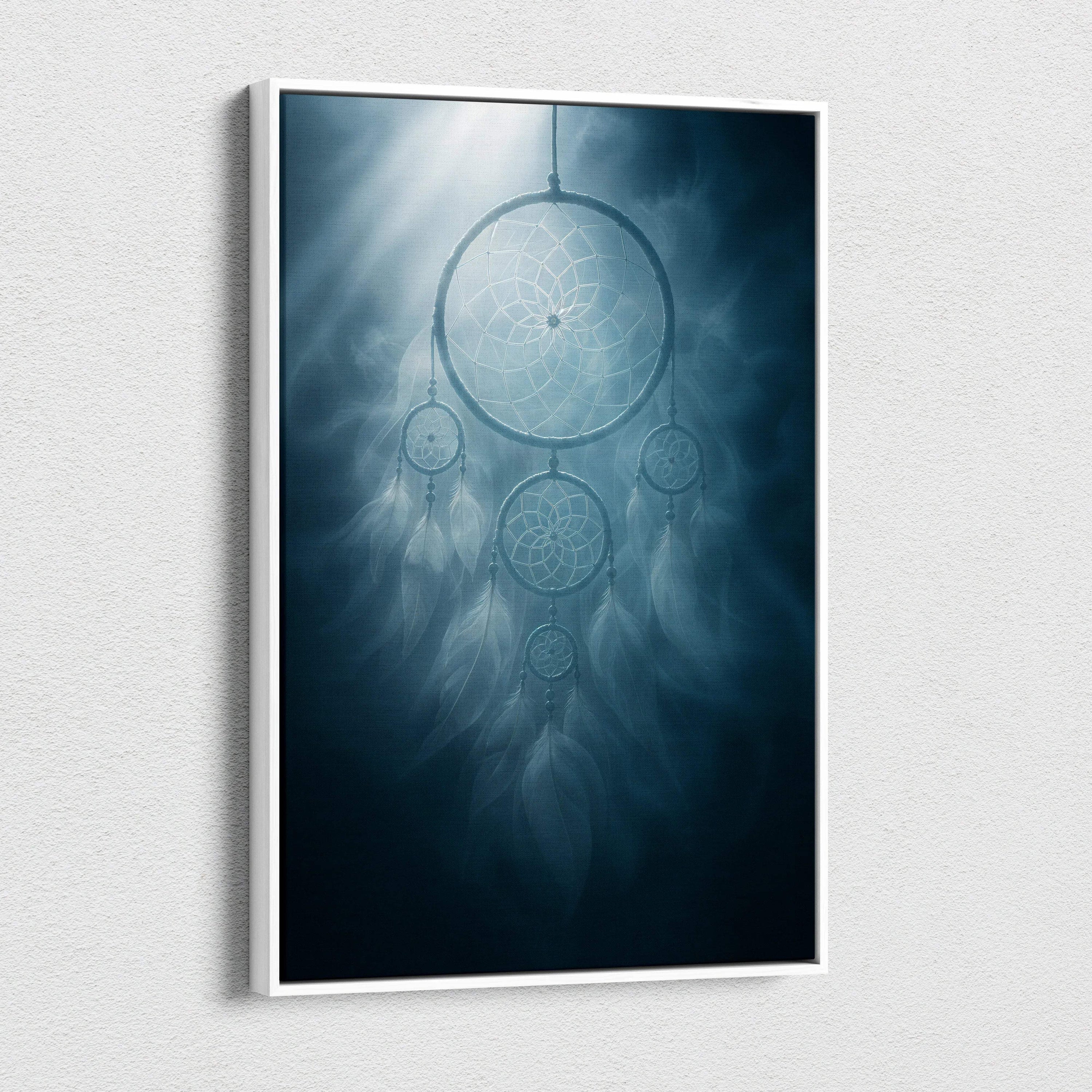 Framed ethereal dreamcatcher canvas wall art in moonlit blue tones