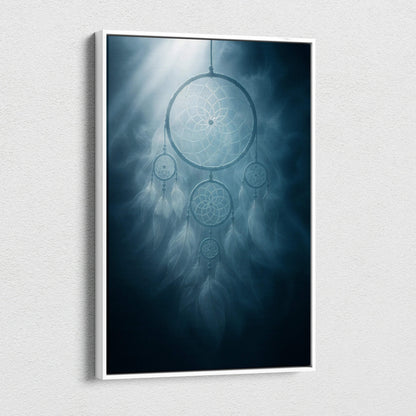 Framed ethereal dreamcatcher canvas wall art in moonlit blue tones