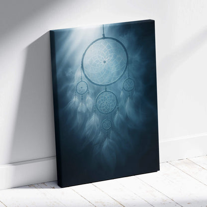 Canvas print of ethereal blue gray dreamcatcher with feathers moonlit tones