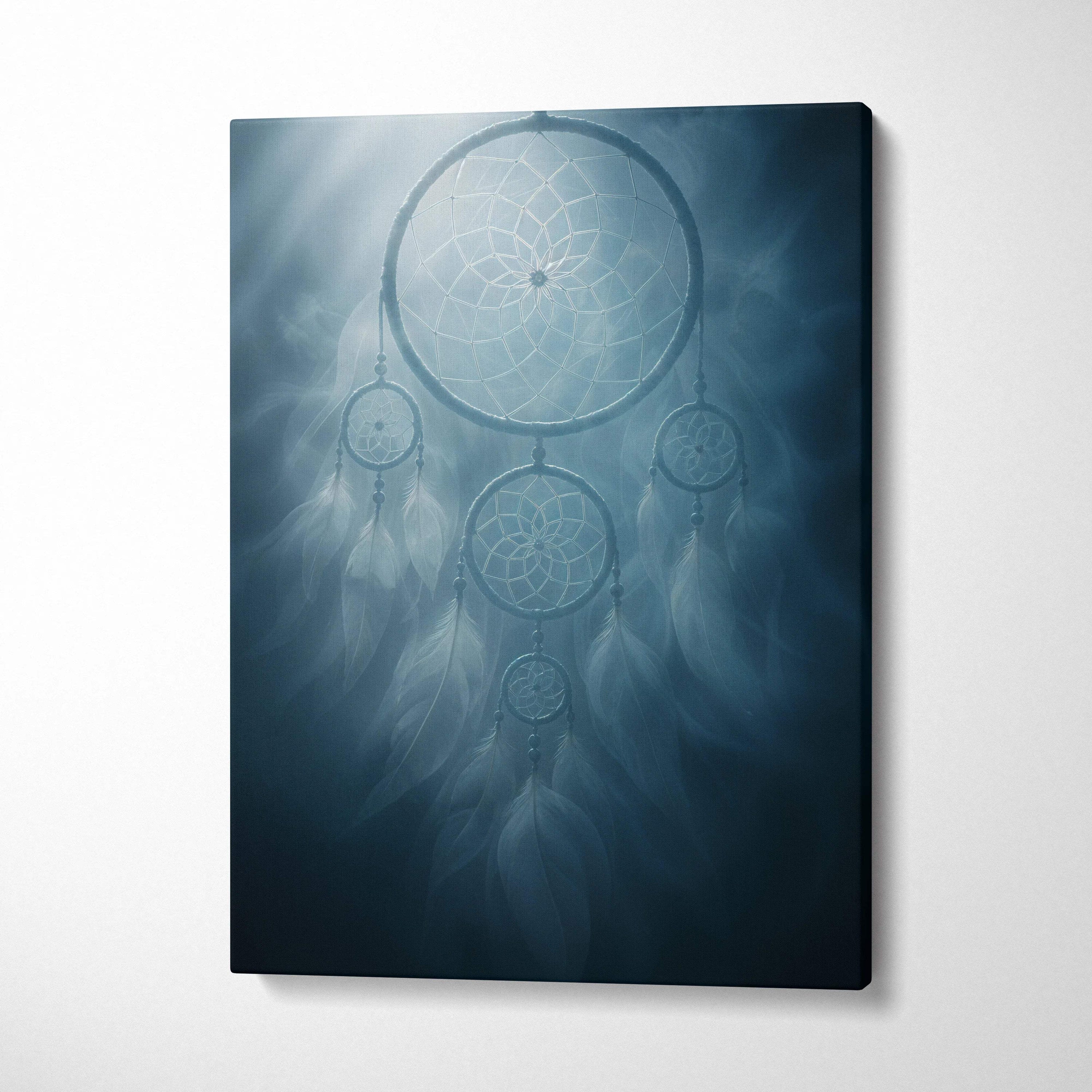 Serene blue-toned canvas print of ethereal dreamcatcher with feathers