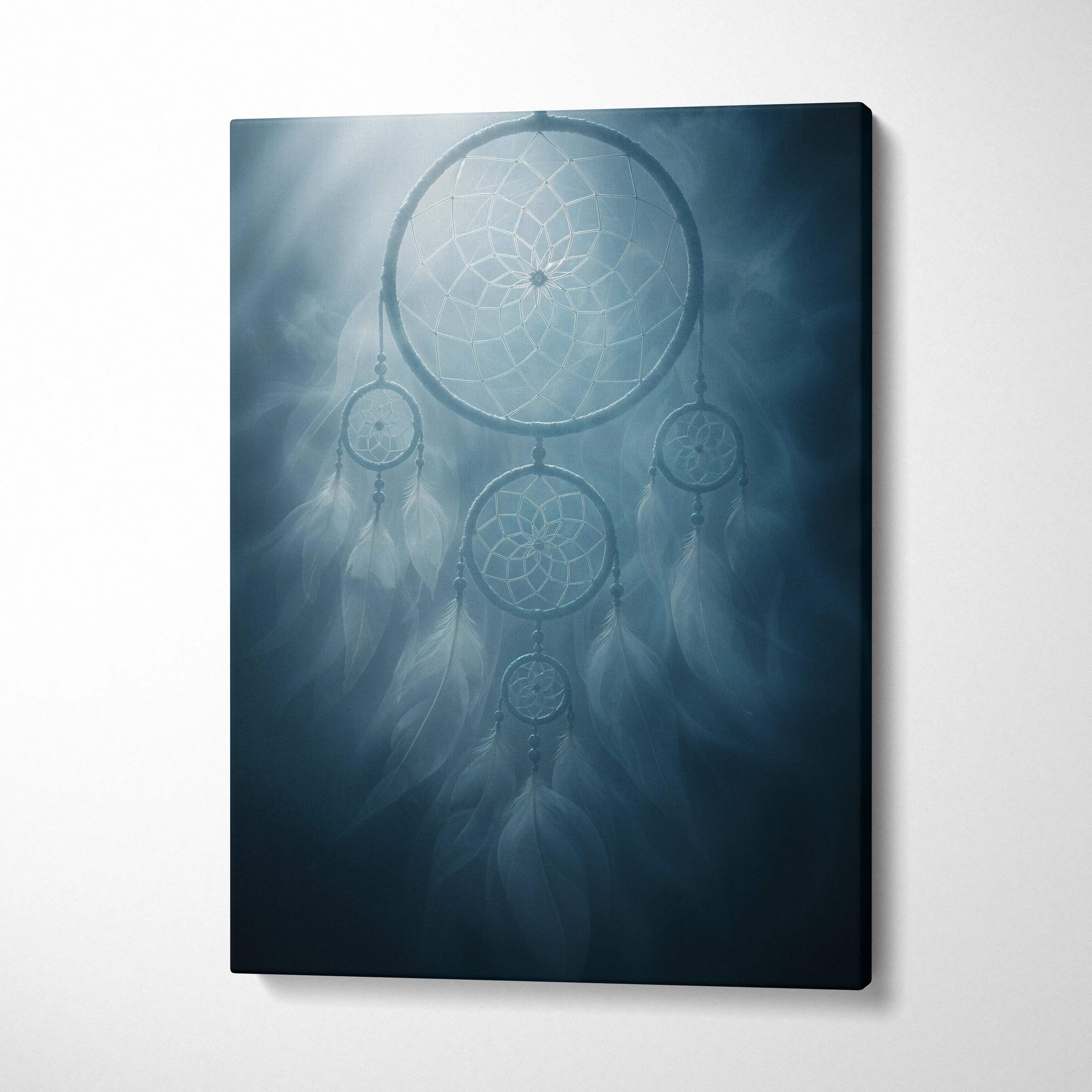 Serene blue-toned canvas print of ethereal dreamcatcher with feathers