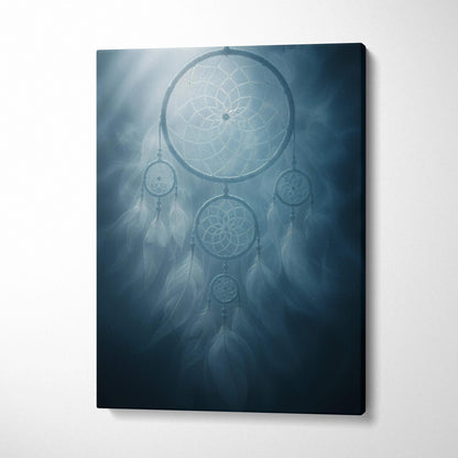 Serene blue-toned canvas print of ethereal dreamcatcher with feathers