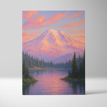 Painterly snow-capped mountain at dawn with rose light on canvas