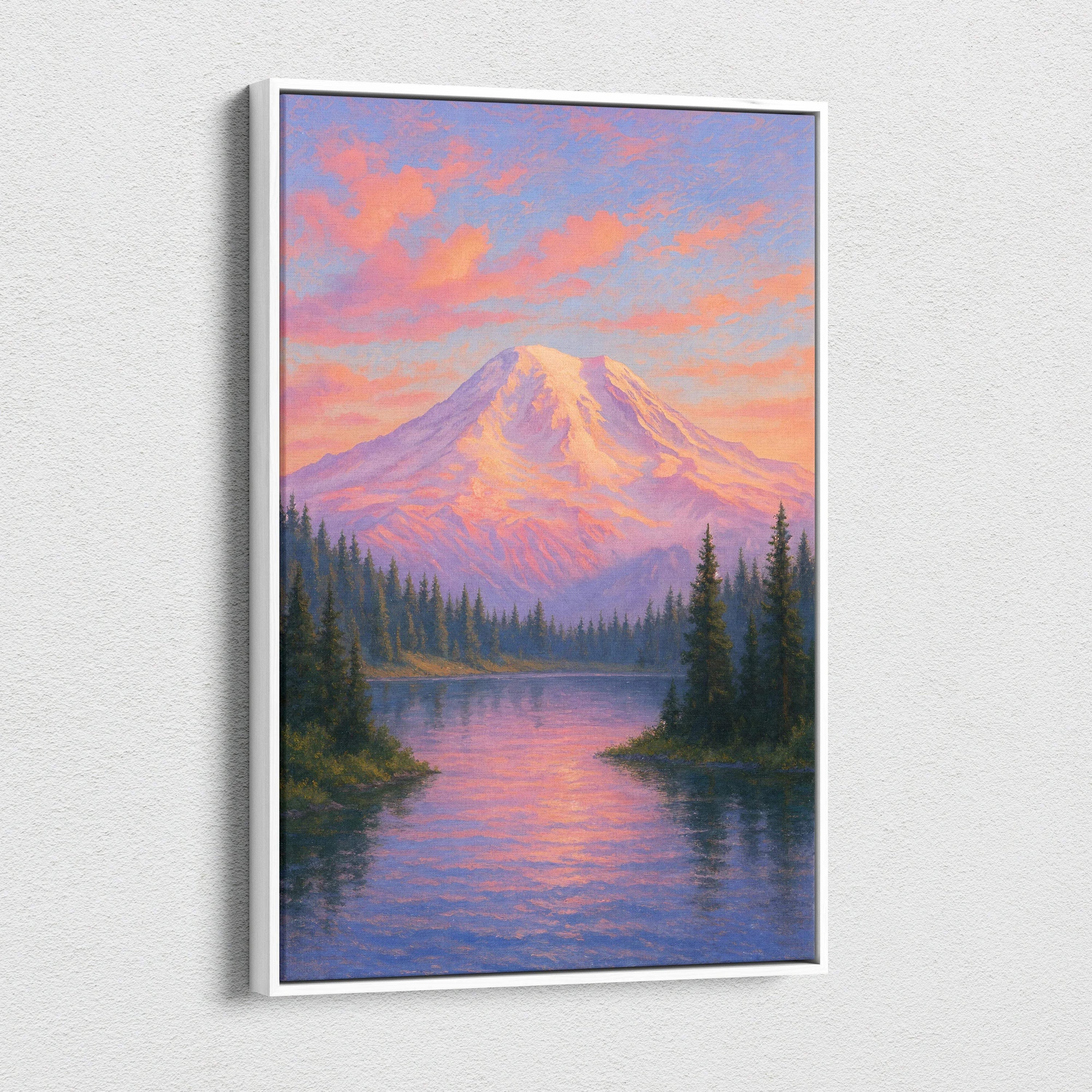 Canvas wall art of snow-capped mountain peak at dawn with rose light reflection