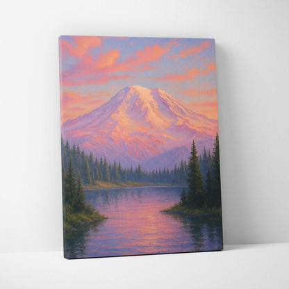 Canvas print of snow-capped mountain at dawn with rose light on serene lake