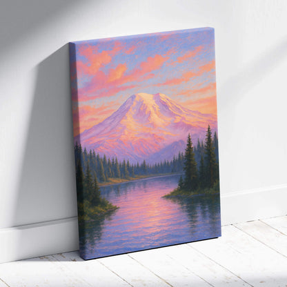 Canvas print of snow-capped mountain peak at dawn with rose light reflection