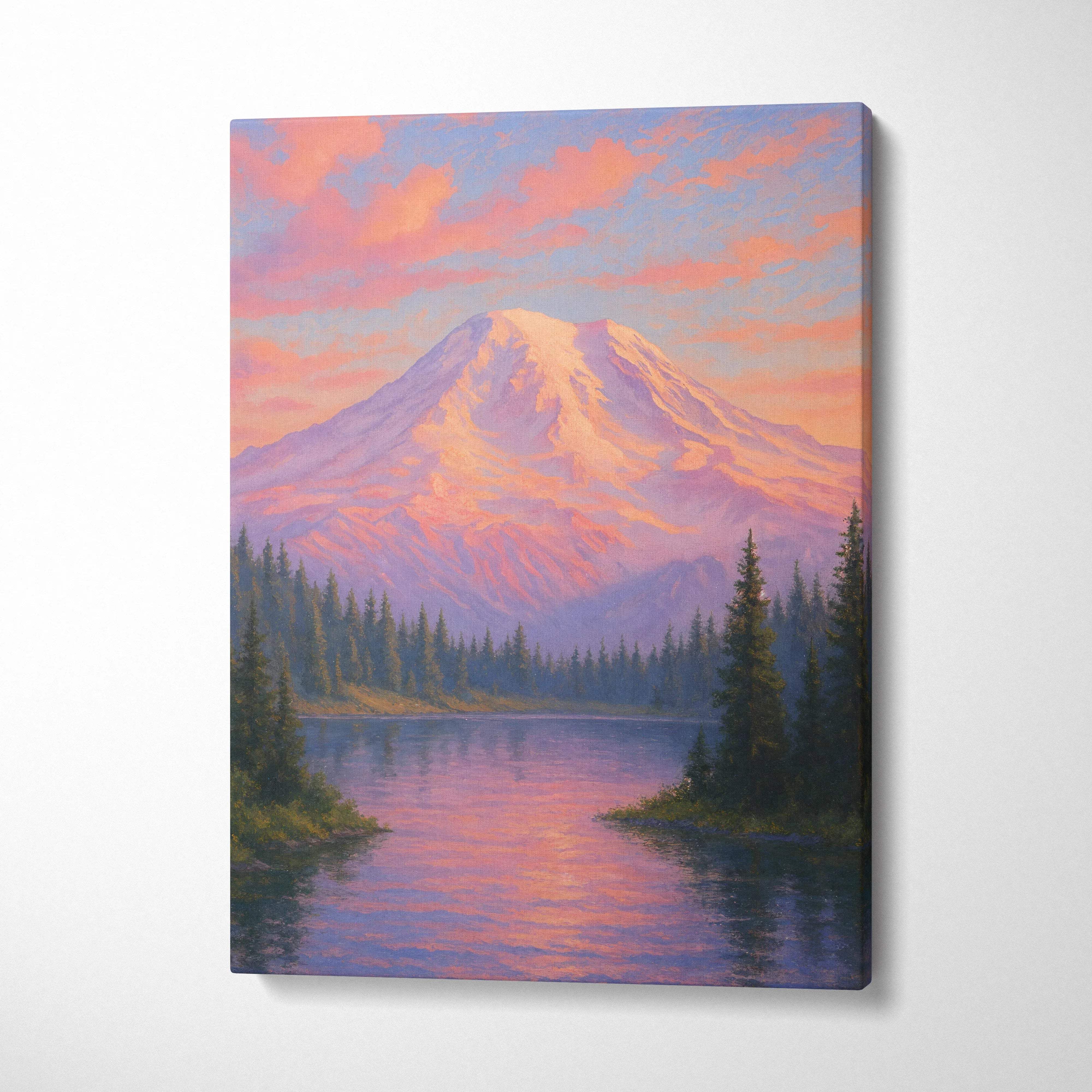 Canvas print of snow-capped mountain at dawn with rose light on lake