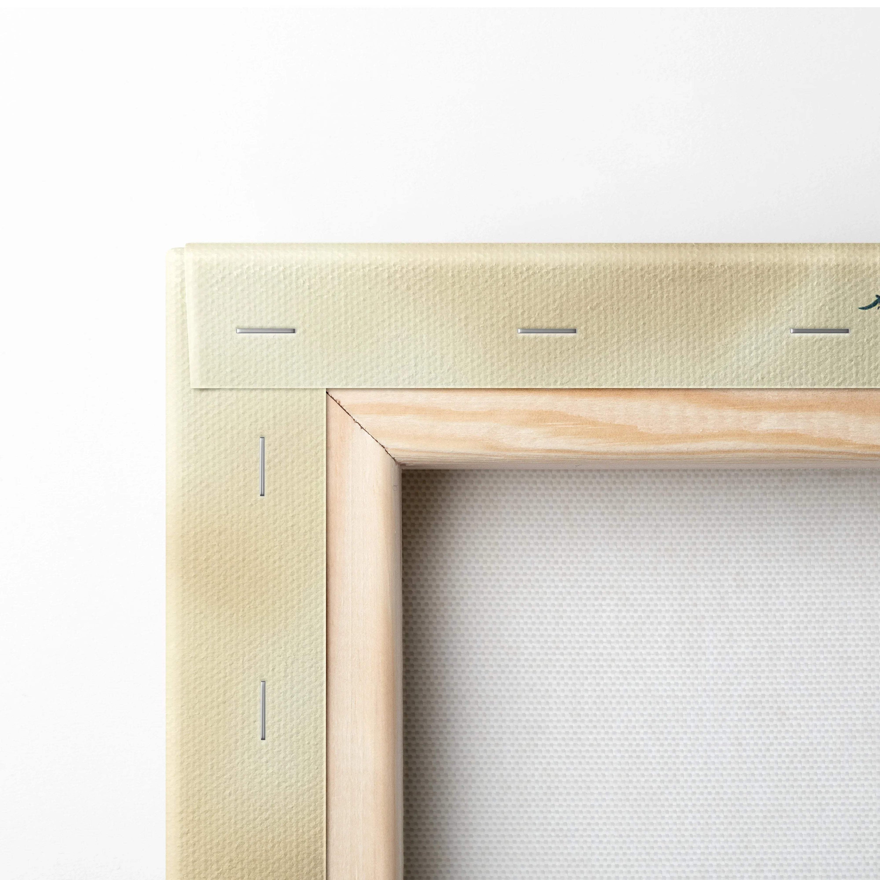 Back of beige canvas wall art with light wood frame and stitched edges