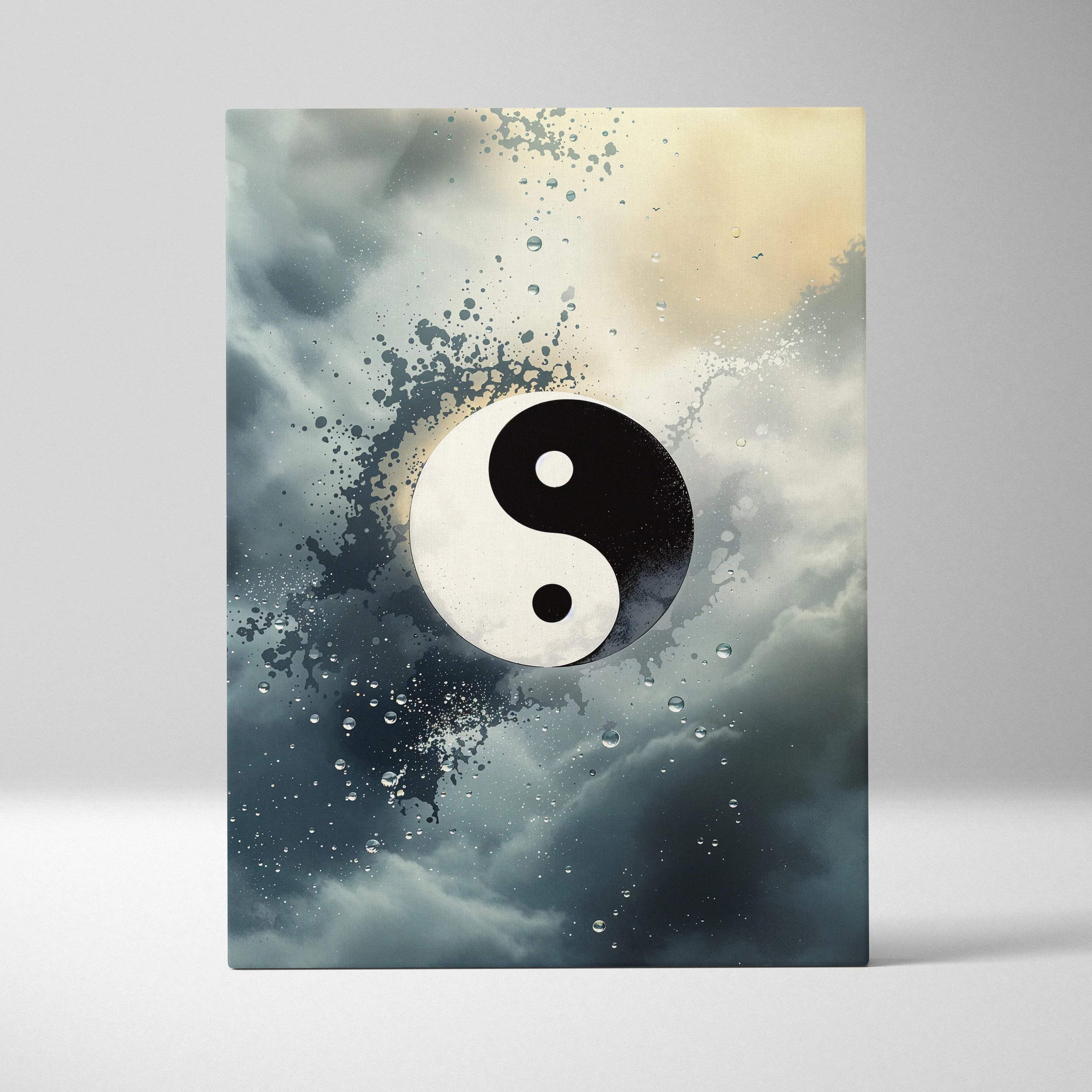 Contemporary abstract yin yang canvas wall art with splatter paint and moody blues