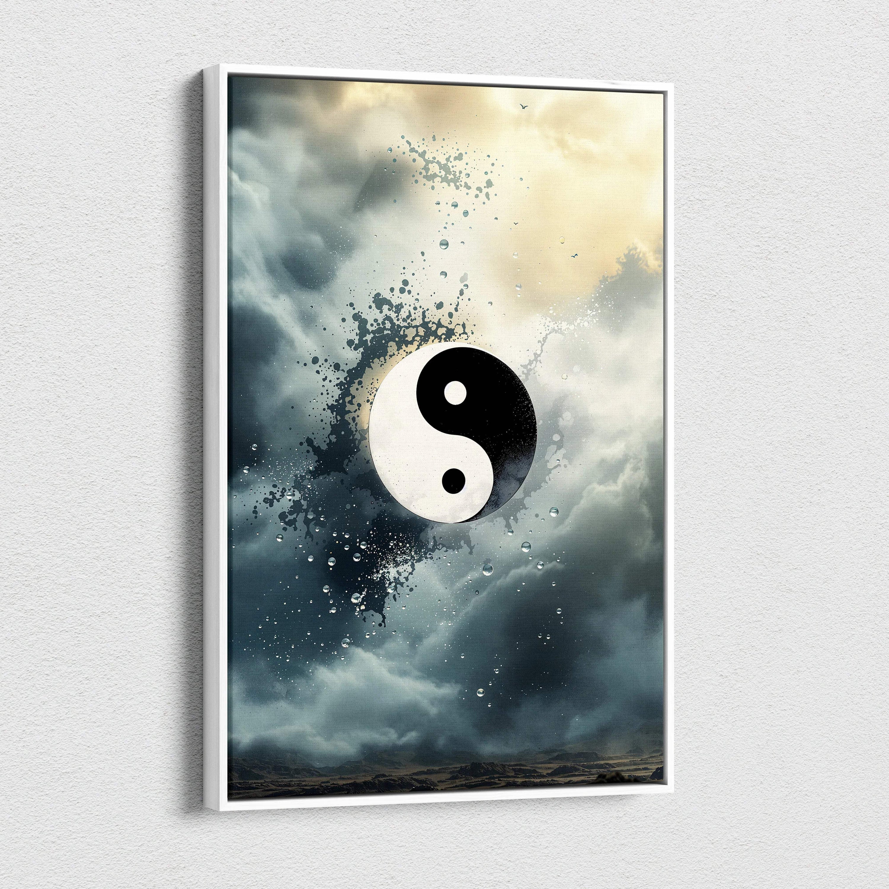 Framed black and white yin-yang canvas art amid moody storm clouds