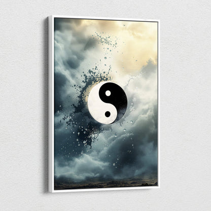 Framed black and white yin-yang canvas art amid moody storm clouds