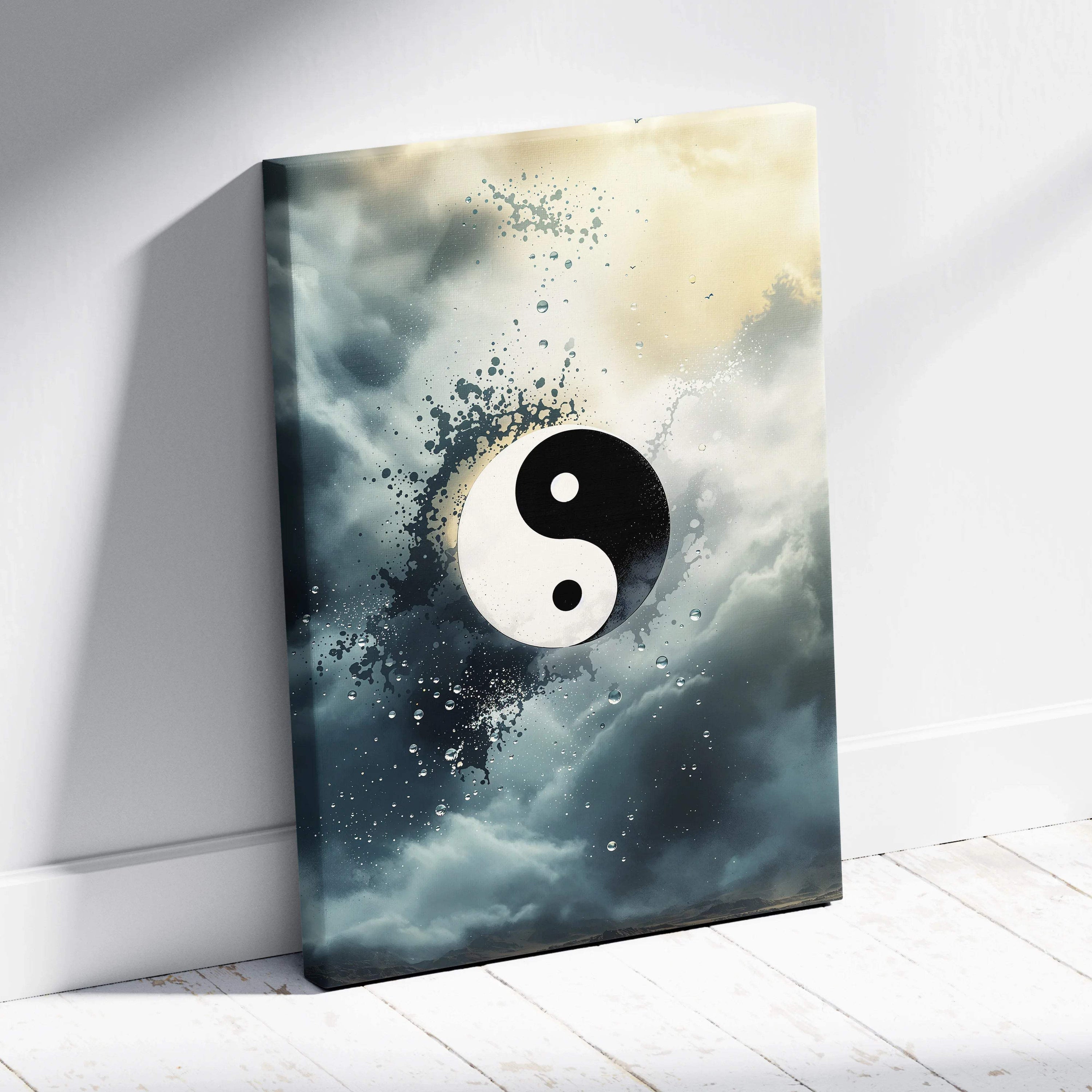 Contemporary abstract yin yang canvas wall art with moody teal storm clouds