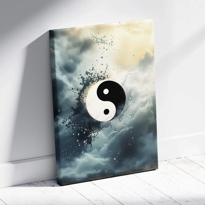 Contemporary abstract yin yang canvas wall art with moody teal storm clouds