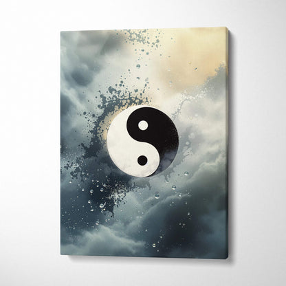 Contemporary abstract yin yang canvas art with moody gray clouds