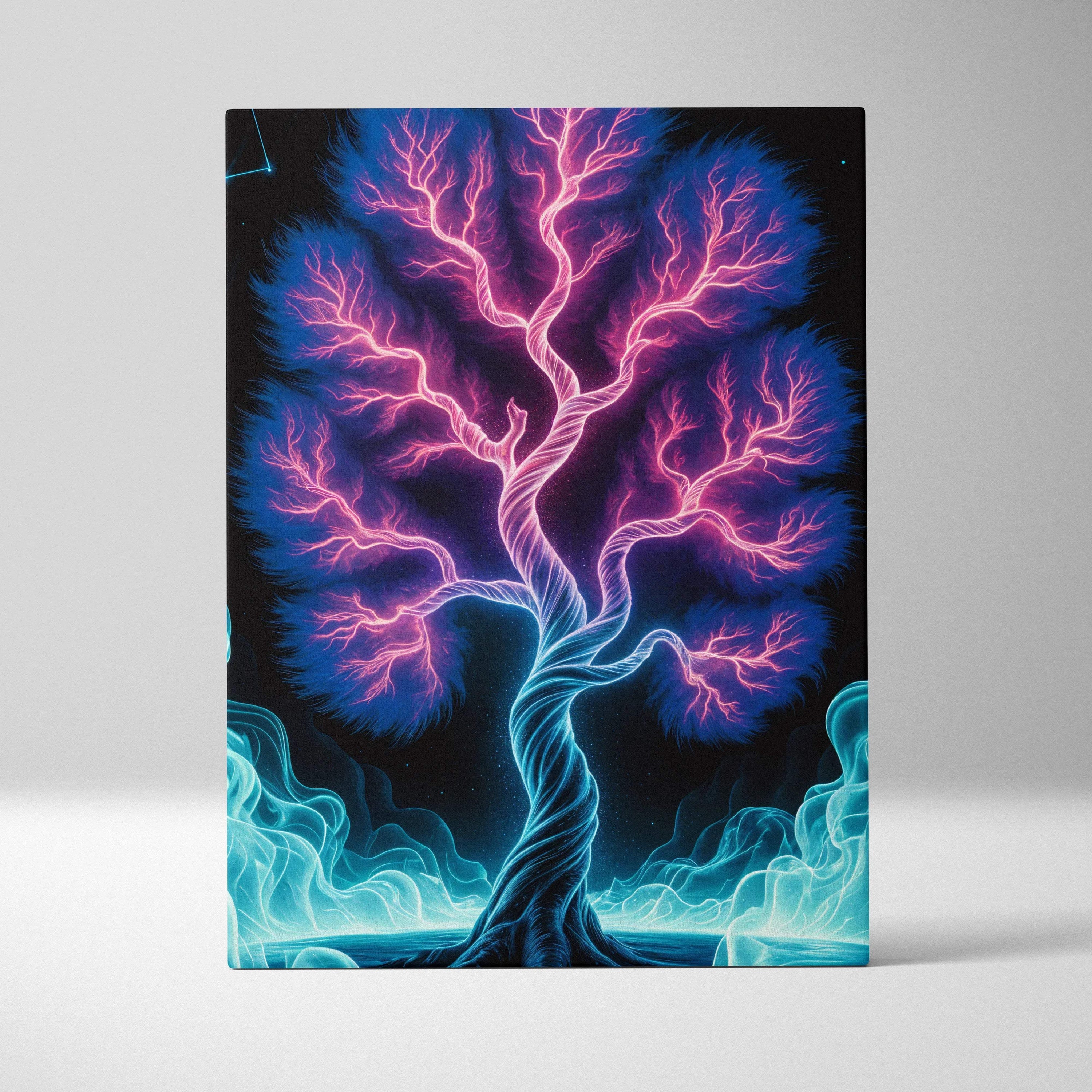 Vibrant neon fantasy tree canvas print with pink blue branches rising from dark waters