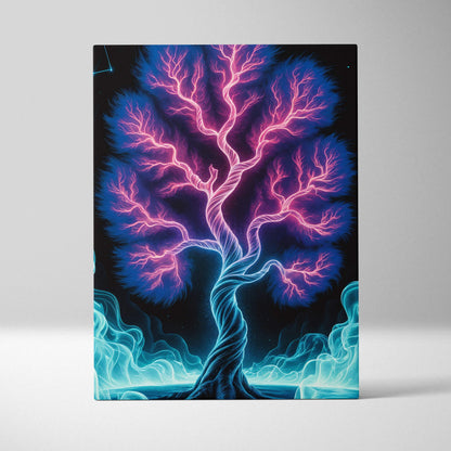 Vibrant neon fantasy tree canvas print with pink blue branches rising from dark waters
