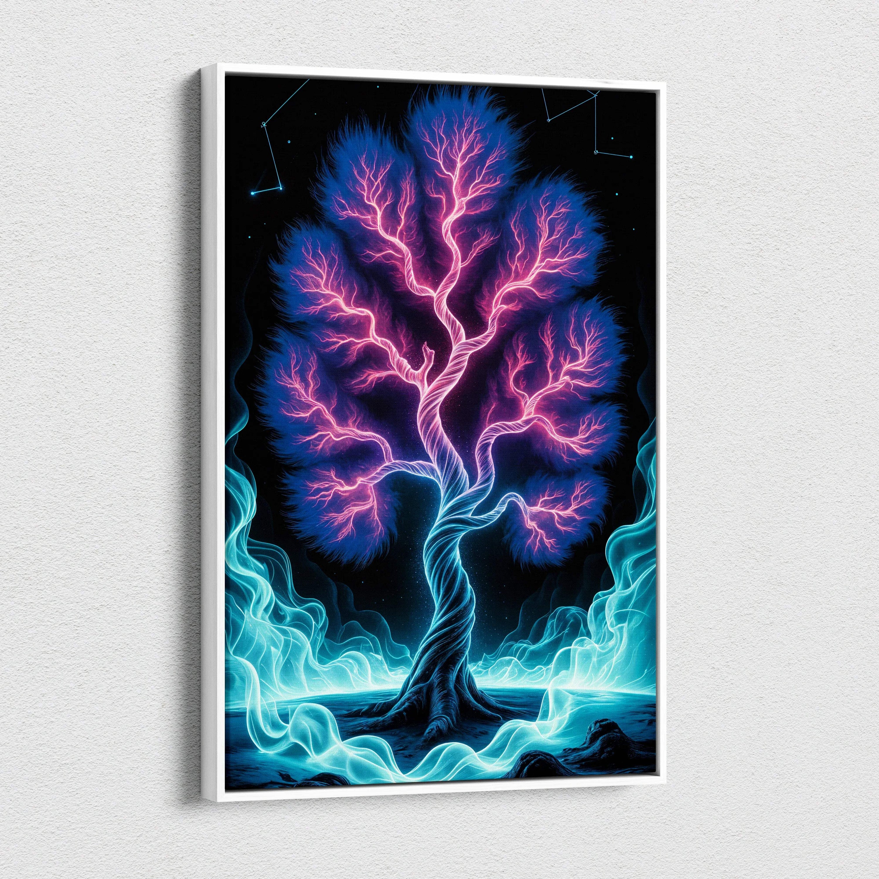 Vibrant neon fantasy tree canvas print in pink blue, framed white