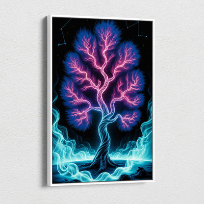 Vibrant neon fantasy tree canvas print in pink blue, framed white