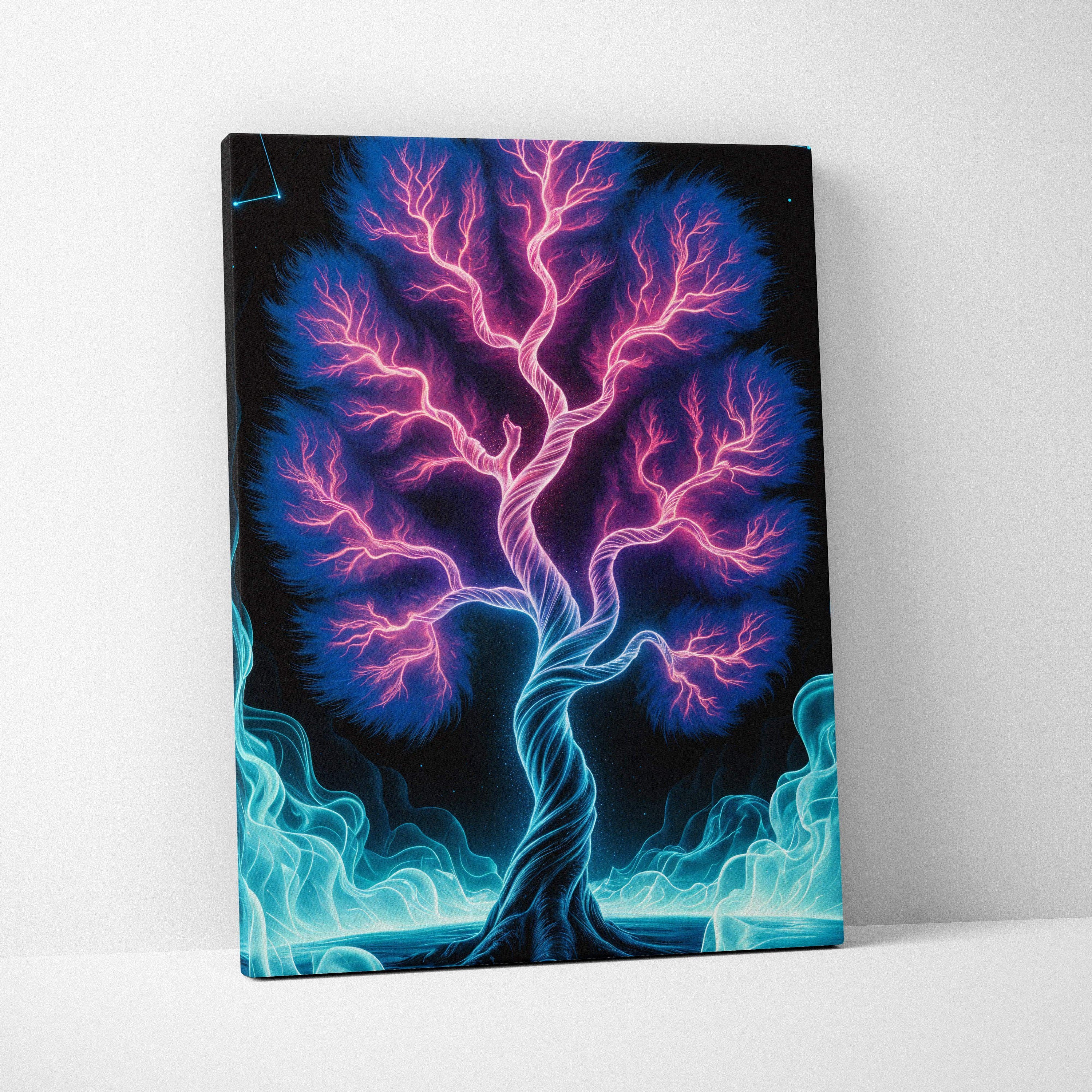 Vibrant neon fantasy tree canvas wall art with pink blue branches rising from dark waters