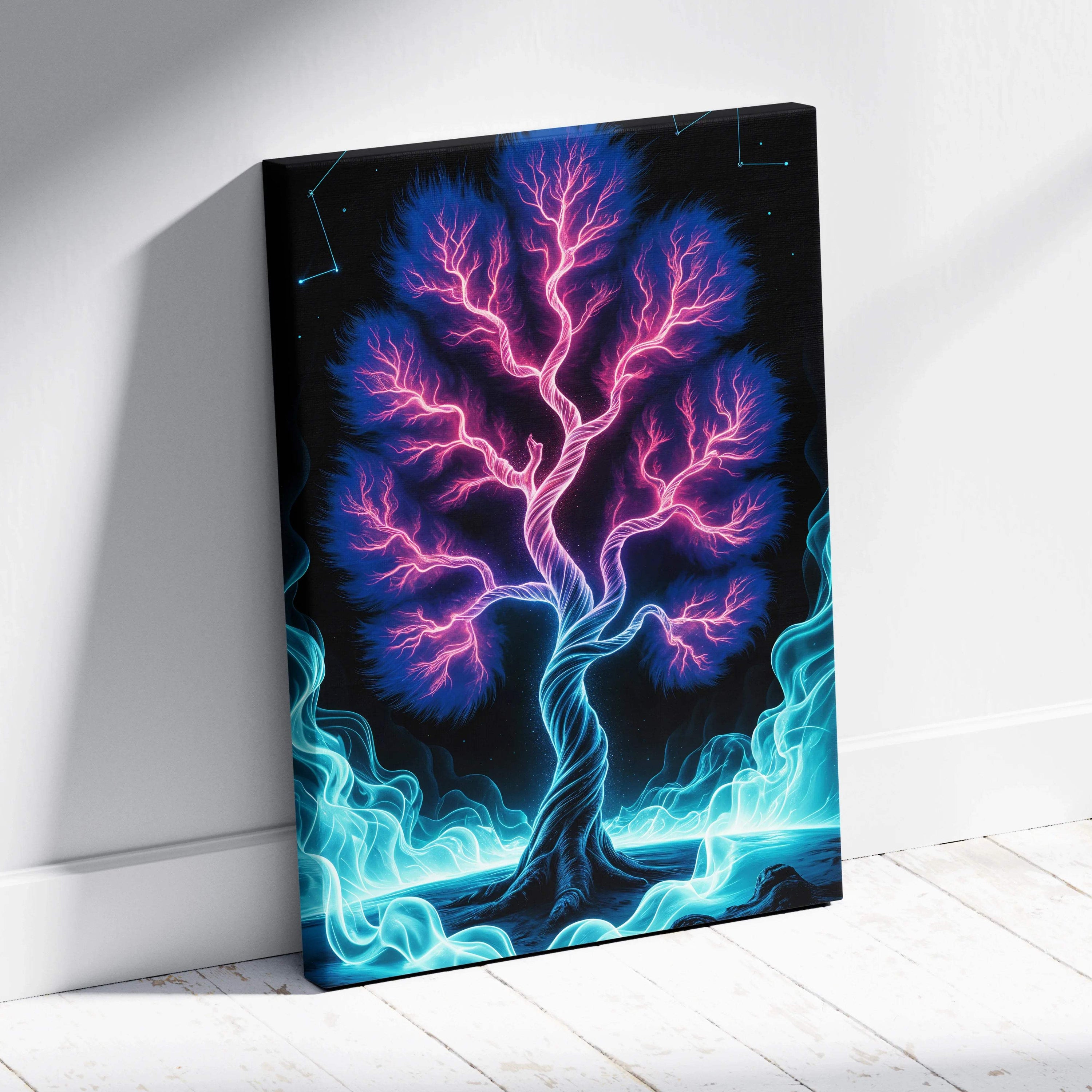Neon fantasy world tree canvas art with pink blue glowing branches rising from dark waters