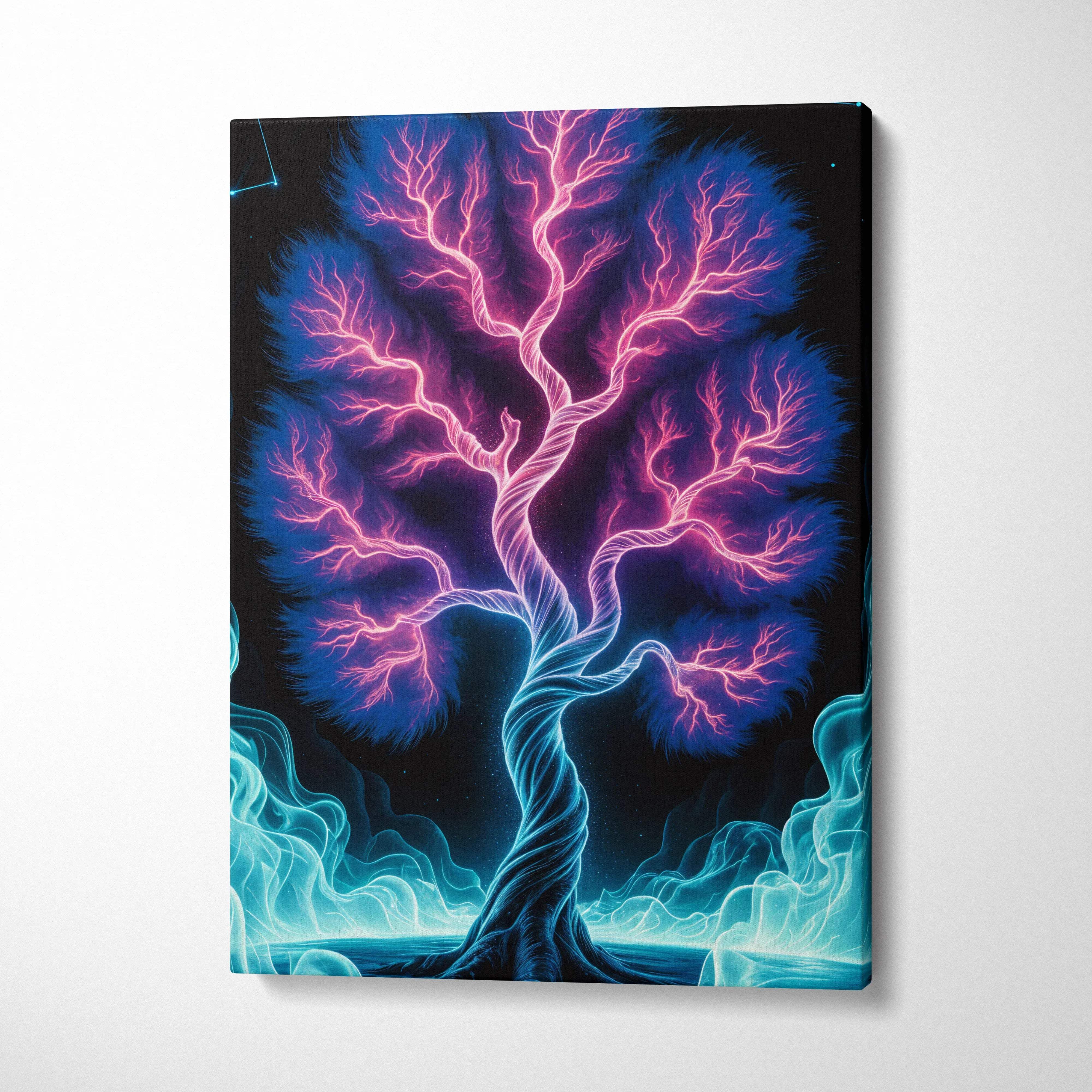Neon fantasy tree canvas print with pink blue glowing branches rising from dark waters