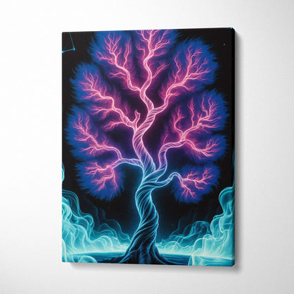 Neon fantasy tree canvas print with pink blue glowing branches rising from dark waters
