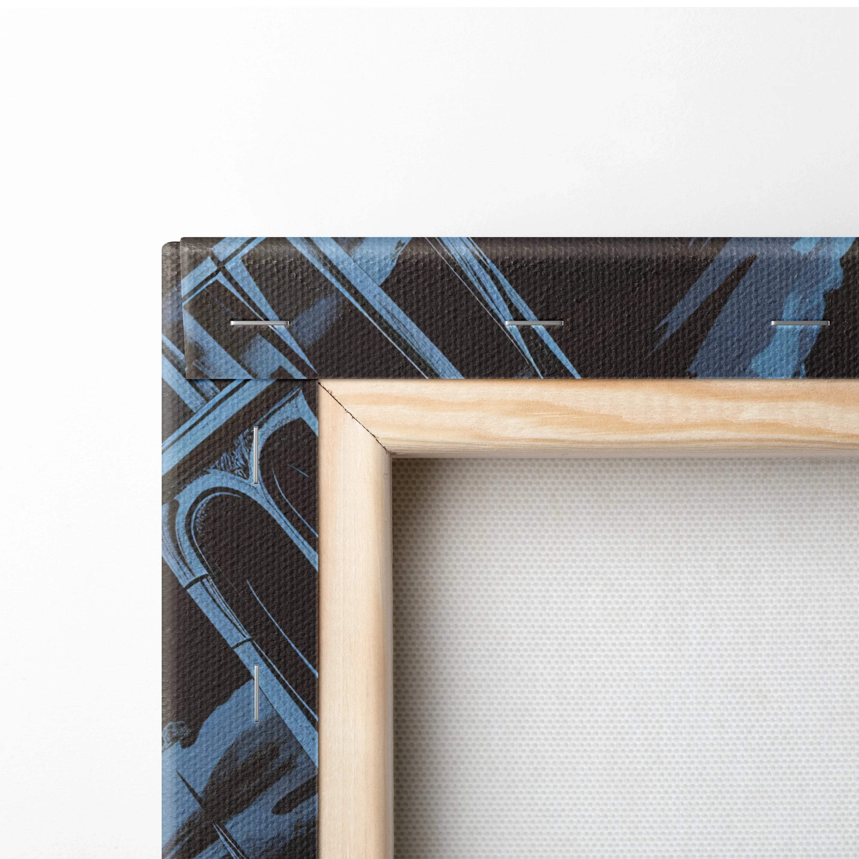 Light wood frame with canvas of horned figure from ruined cathedral in blue black strokes