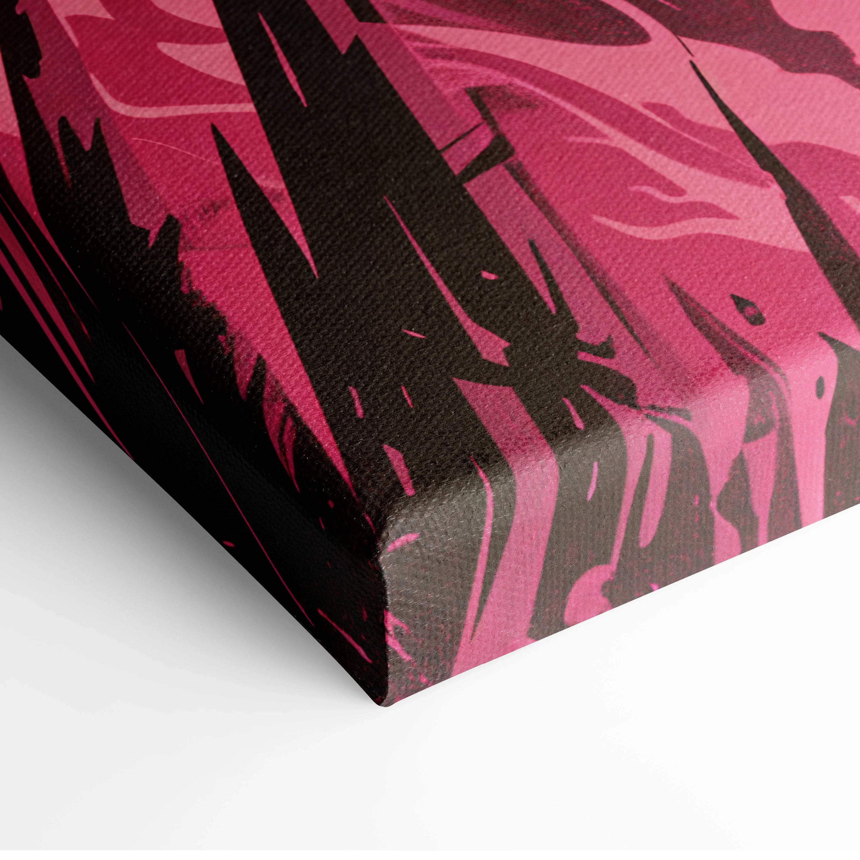 Vibrant pink black canvas print of horned figure emerging from ruined cathedral