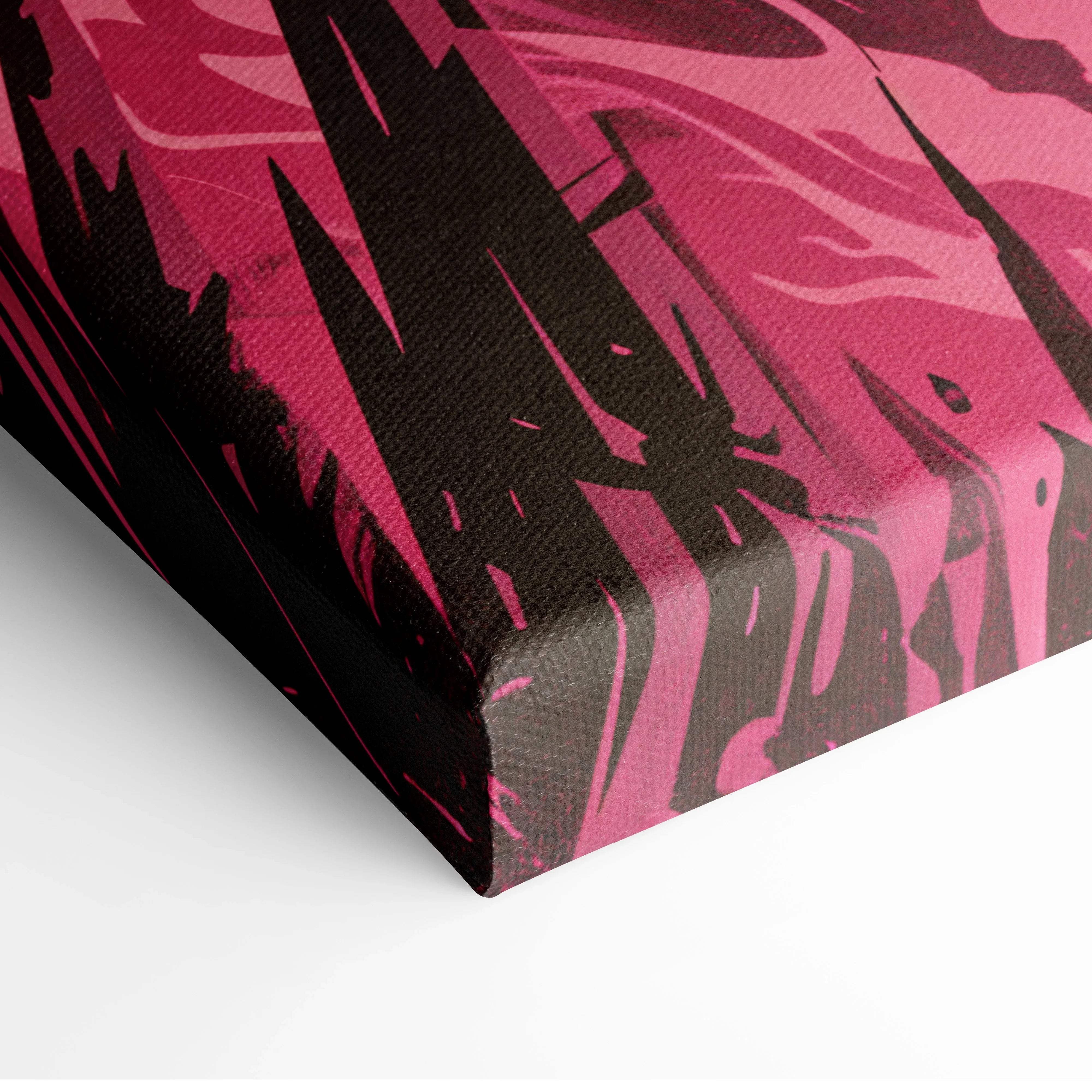 Vibrant pink black canvas print of horned figure emerging from ruined cathedral