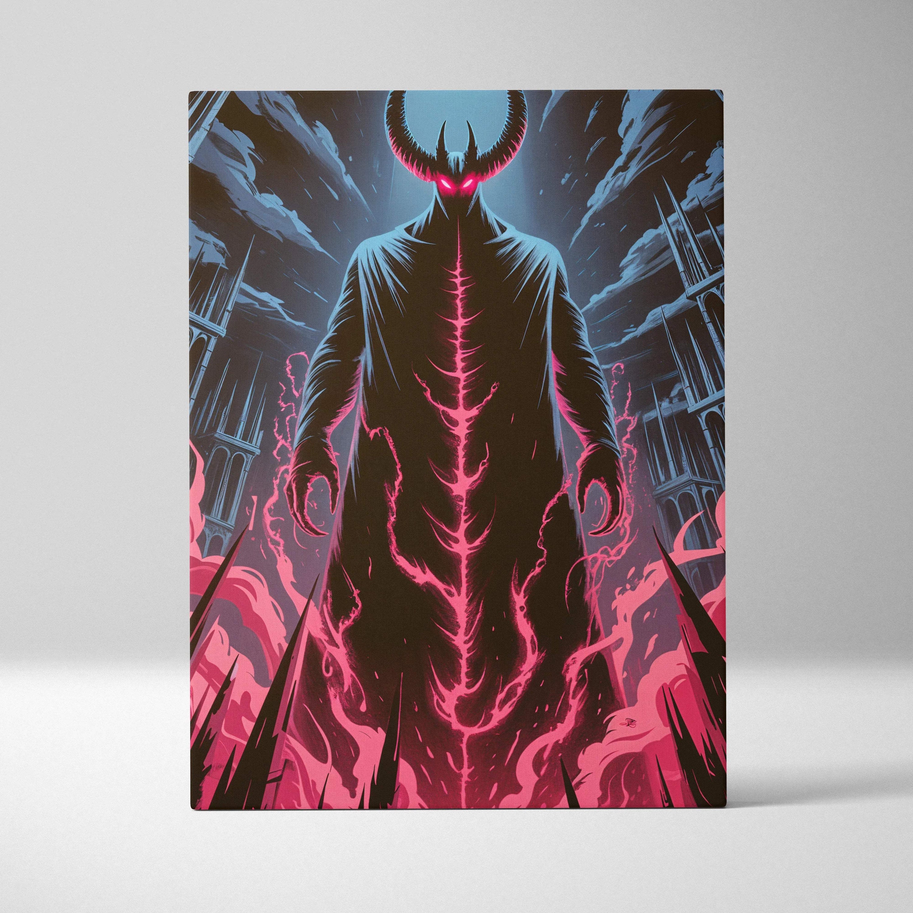 Dark fantasy canvas art of horned figure with pink neon energy in ruined cathedral