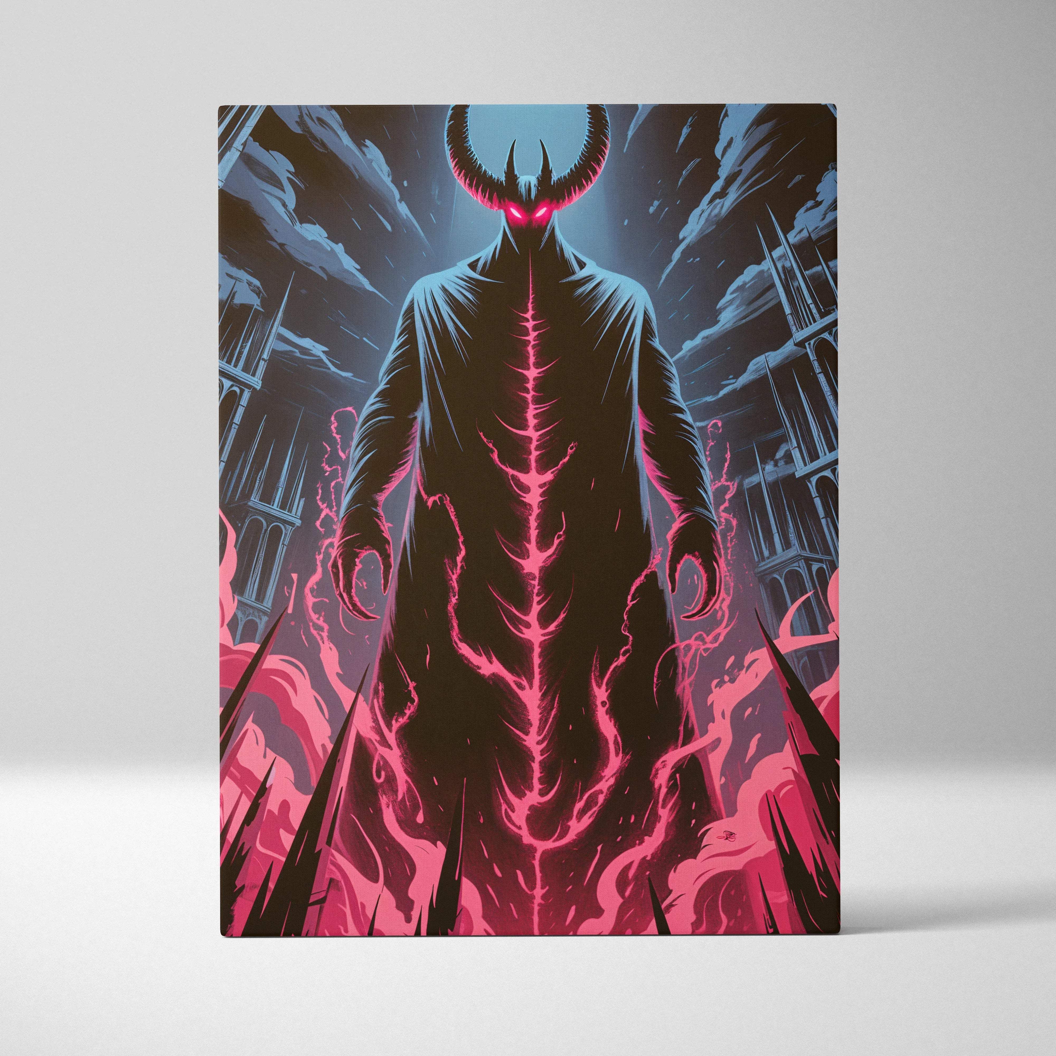 Dark fantasy canvas art of horned figure with pink neon energy in ruined cathedral