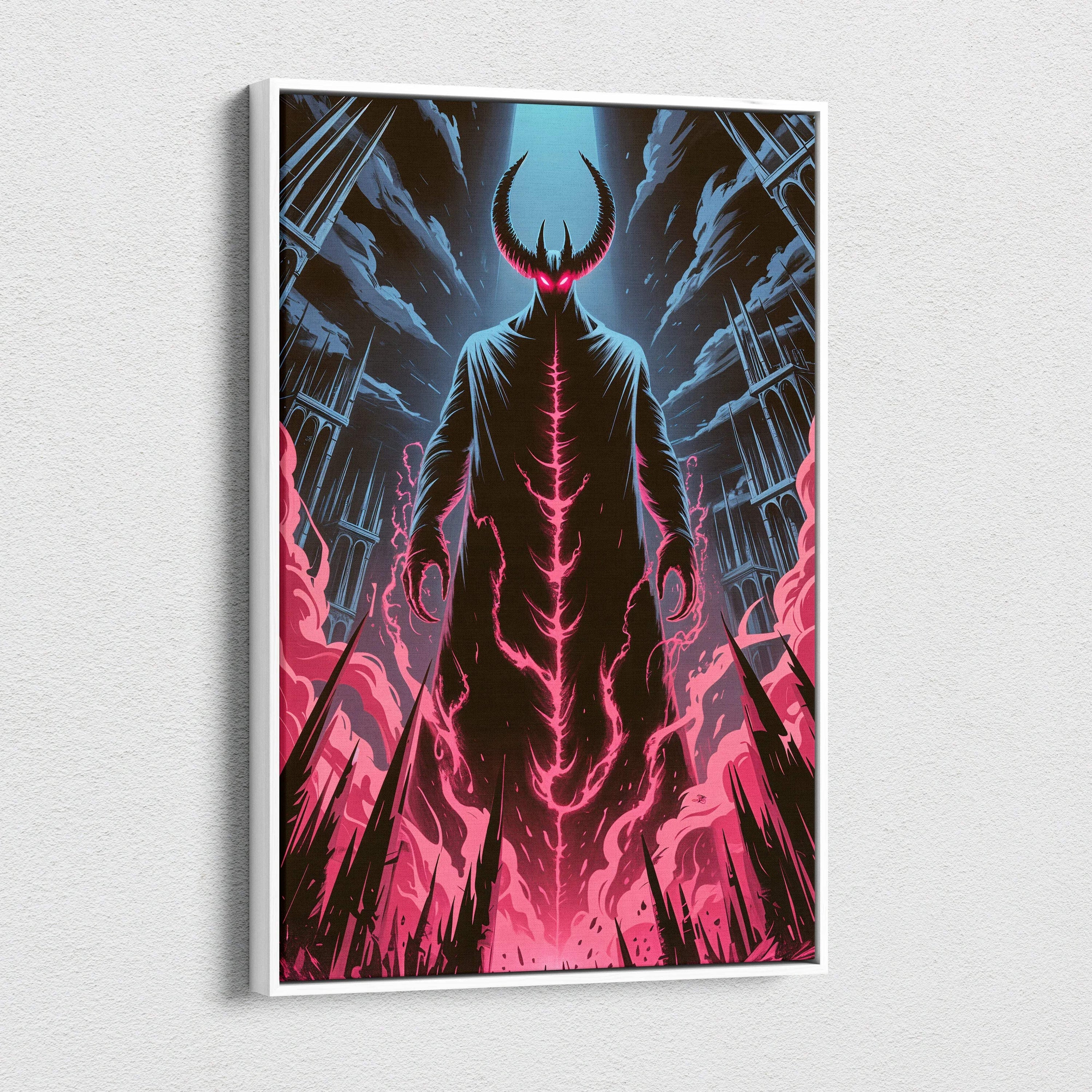 Framed canvas wall art of horned figure emerging from ruined cathedral with pink neon energy