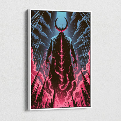 Framed canvas wall art of horned figure emerging from ruined cathedral with pink neon energy