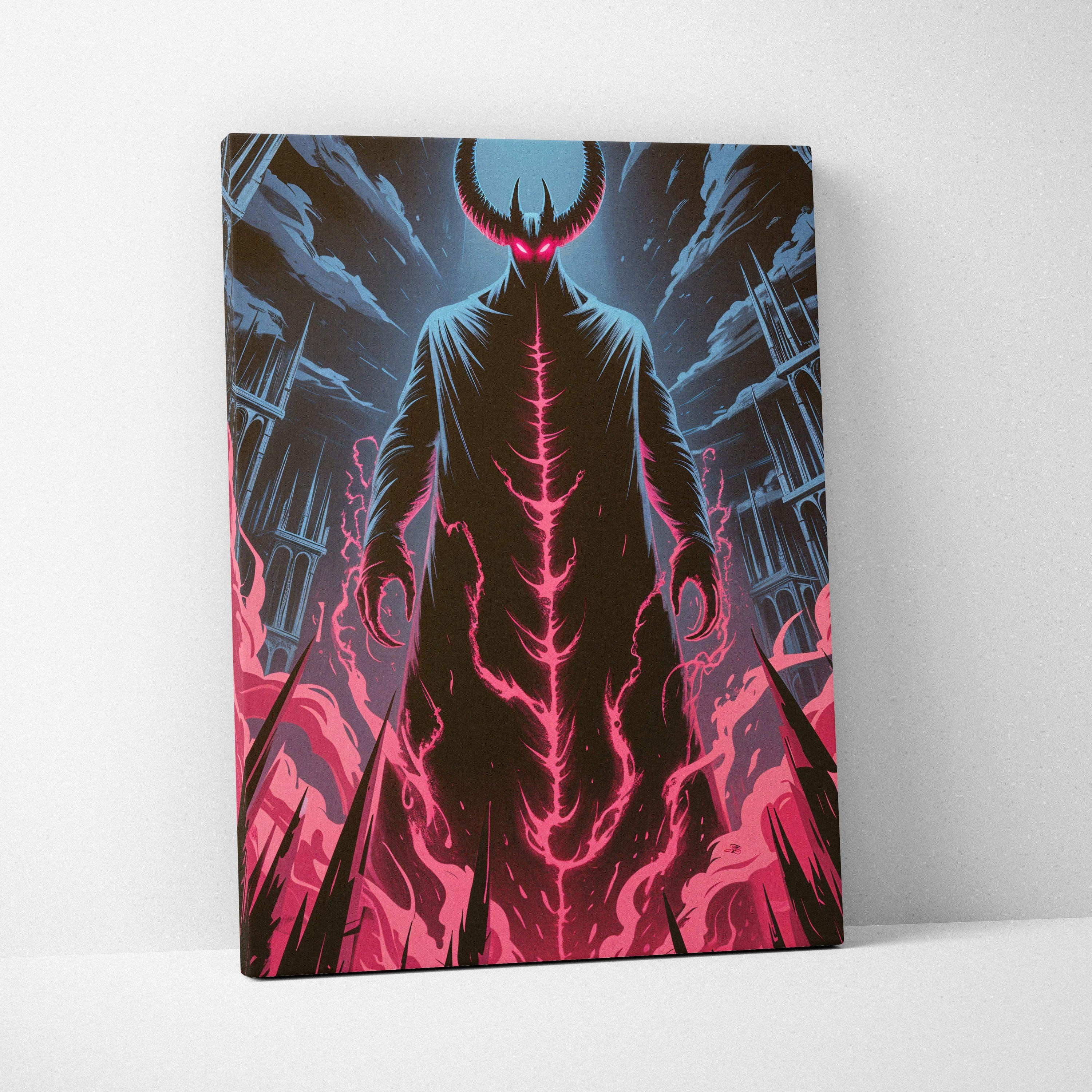 Canvas wall art of horned figure emerging from ruined cathedral with pink neon energy