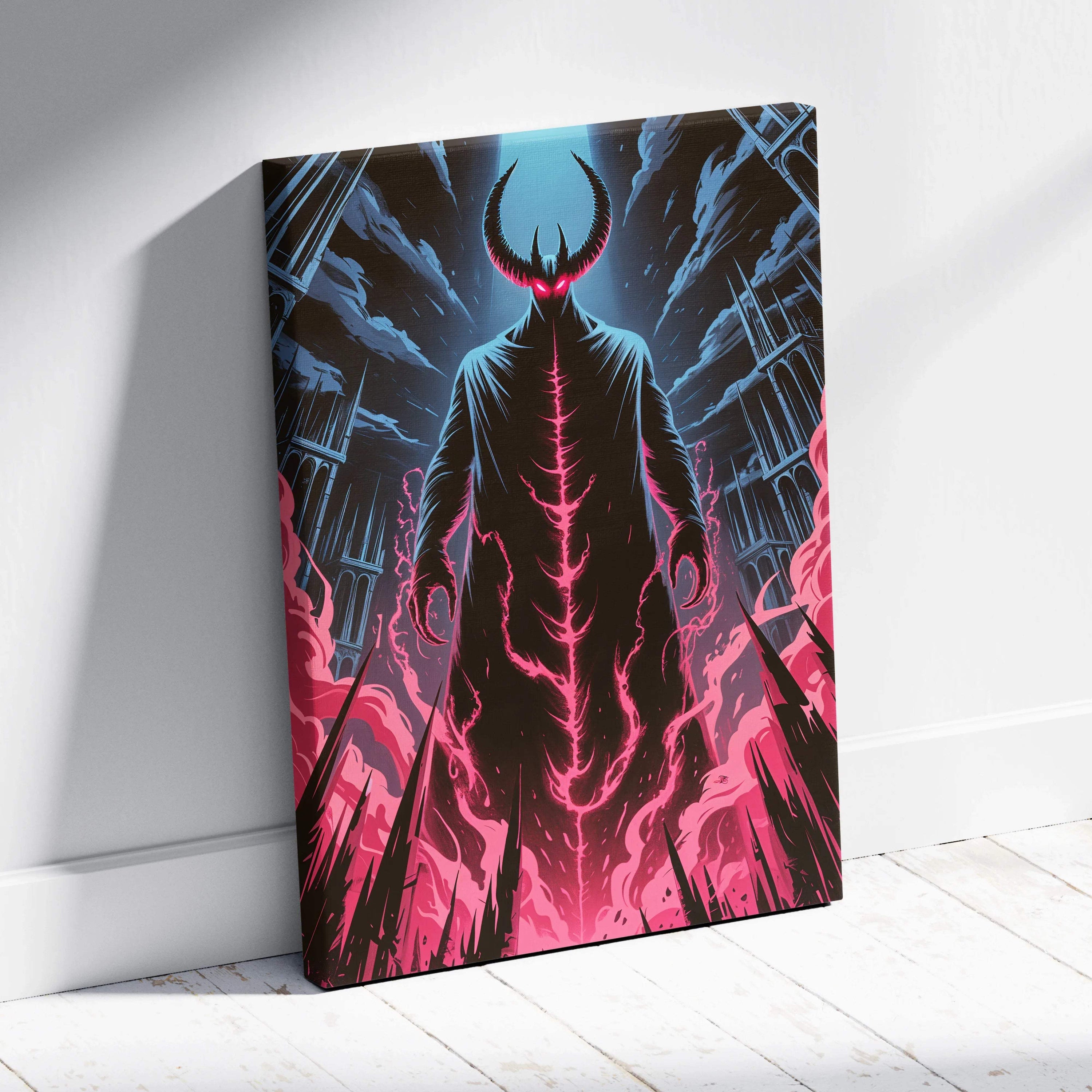 Dark fantasy canvas print of horned figure with pink neon energy in ruined cathedral
