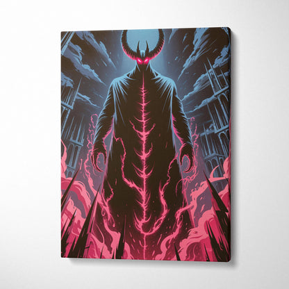 Dark fantasy canvas art of horned figure with pink neon energy in ruined cathedral