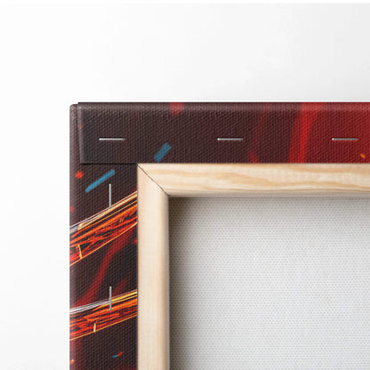 Light wood frame canvas of molten winged demon rising from shattered ground in fiery inferno