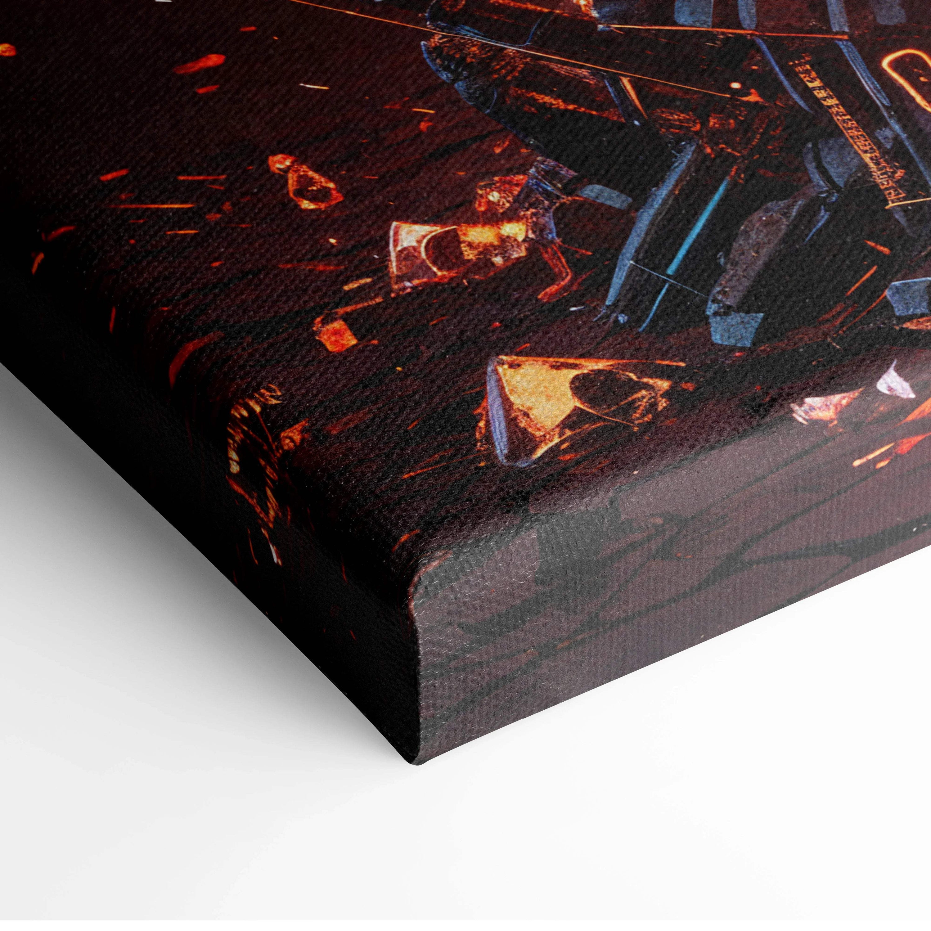 Black canvas print of molten winged demon rising from shattered ground