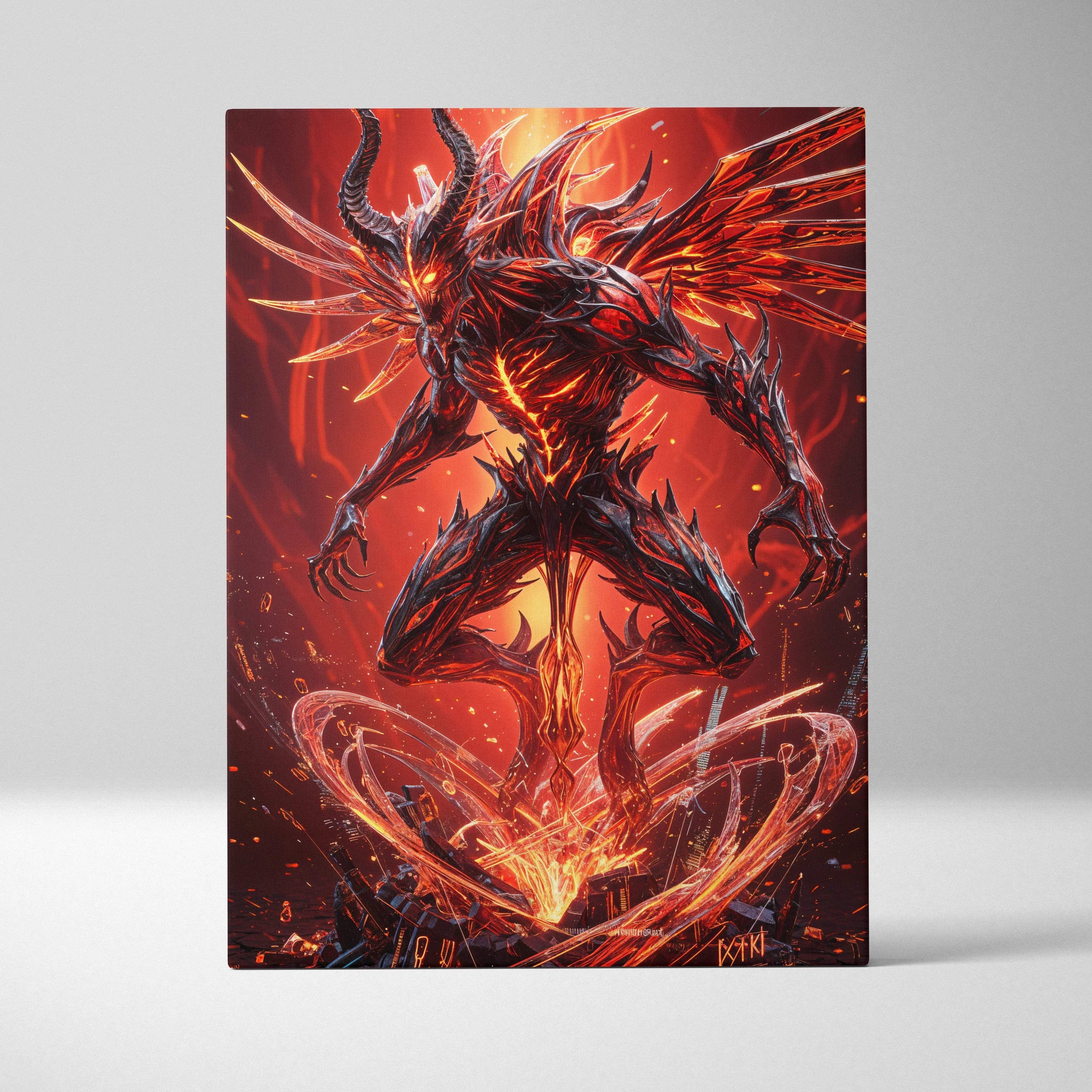 Fiery red black molten winged demon rising from shattered ground canvas art
