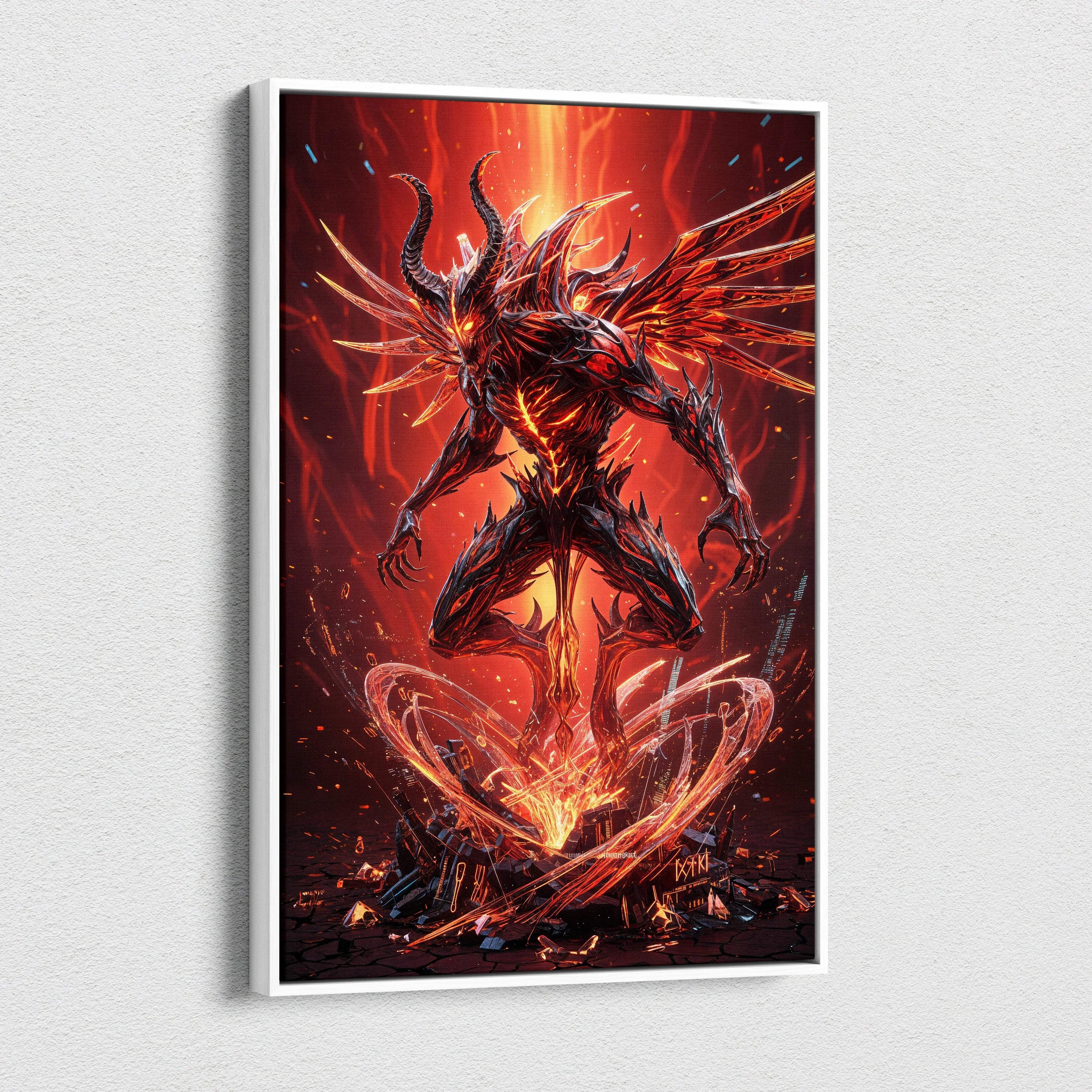 Framed canvas wall art of menacing fiery demon with red eyes rising from shattered ground