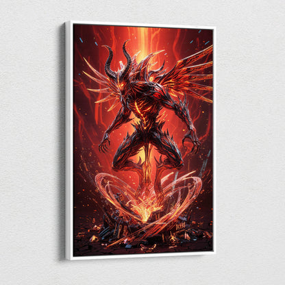 Framed canvas wall art of menacing fiery demon with red eyes rising from shattered ground