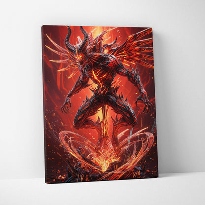 Dark fantasy canvas print of molten winged demon rising from shattered ground