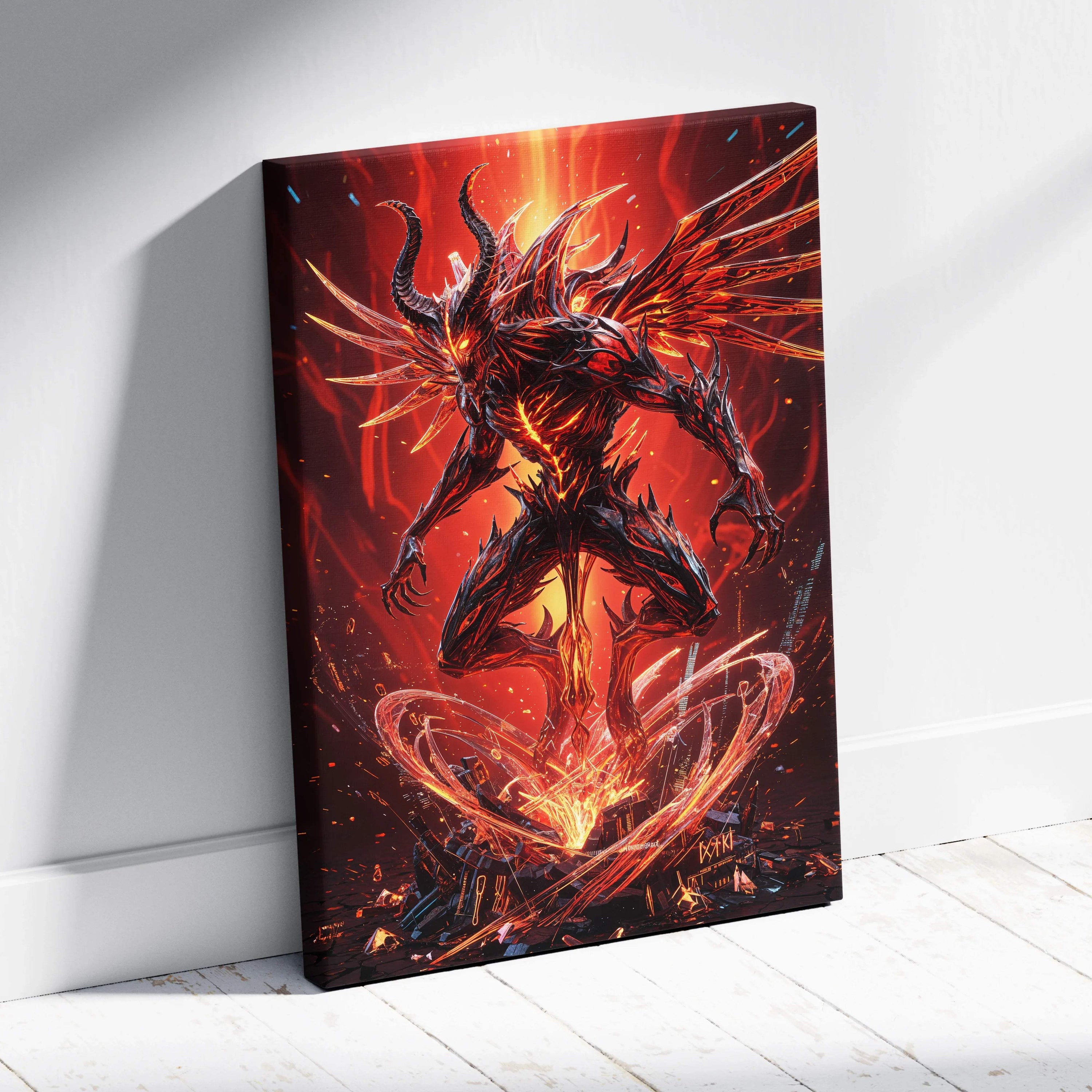 Vibrant red black demonic figure with glowing orange wings horns on stretched canvas wall art