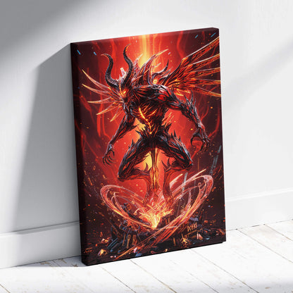 Vibrant red black demonic figure with glowing orange wings horns on stretched canvas wall art