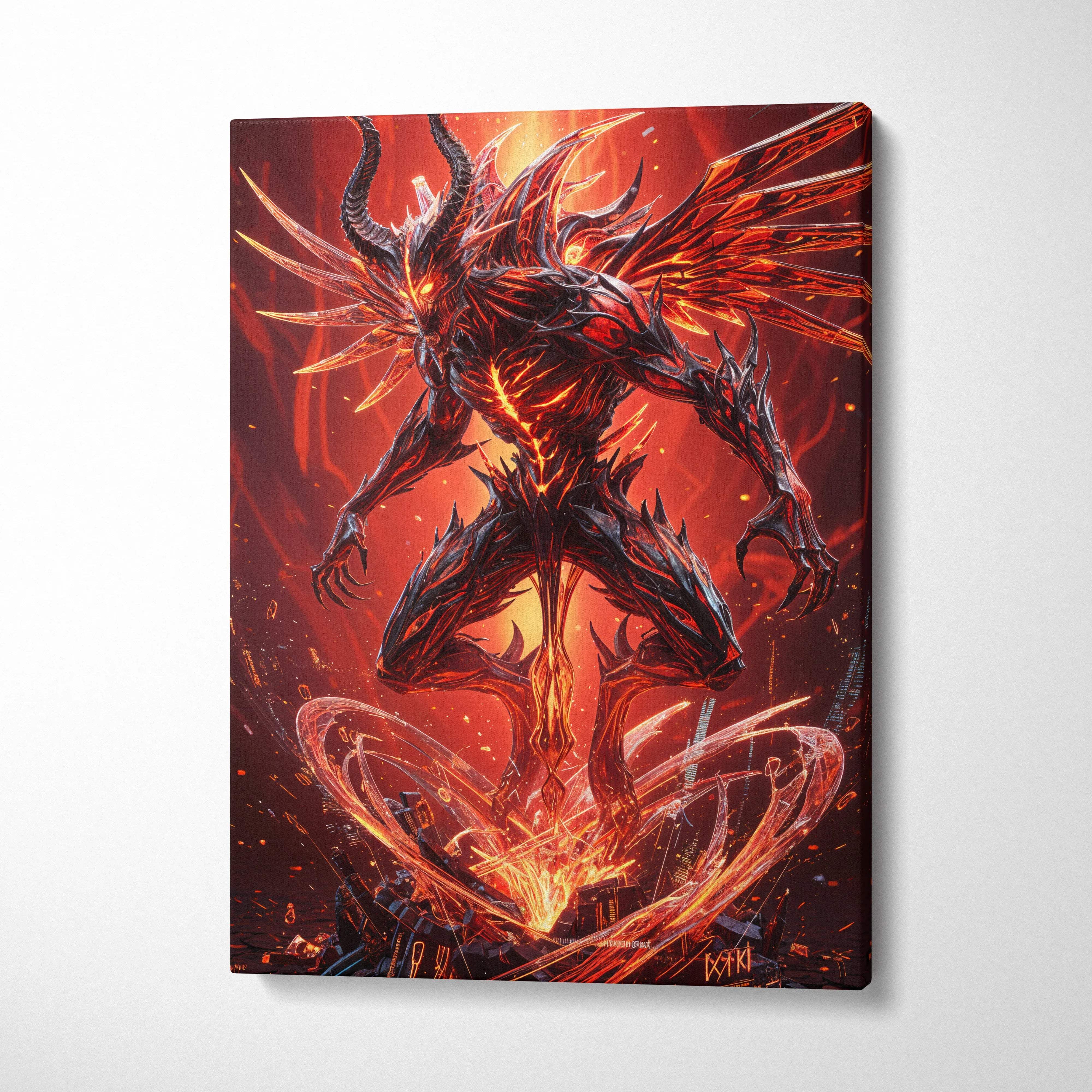 Fiery red black demonic figure with orange eyes horns wings rising from shattered ground canvas art
