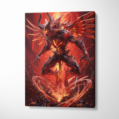 Fiery red black demonic figure with orange eyes horns wings rising from shattered ground canvas art