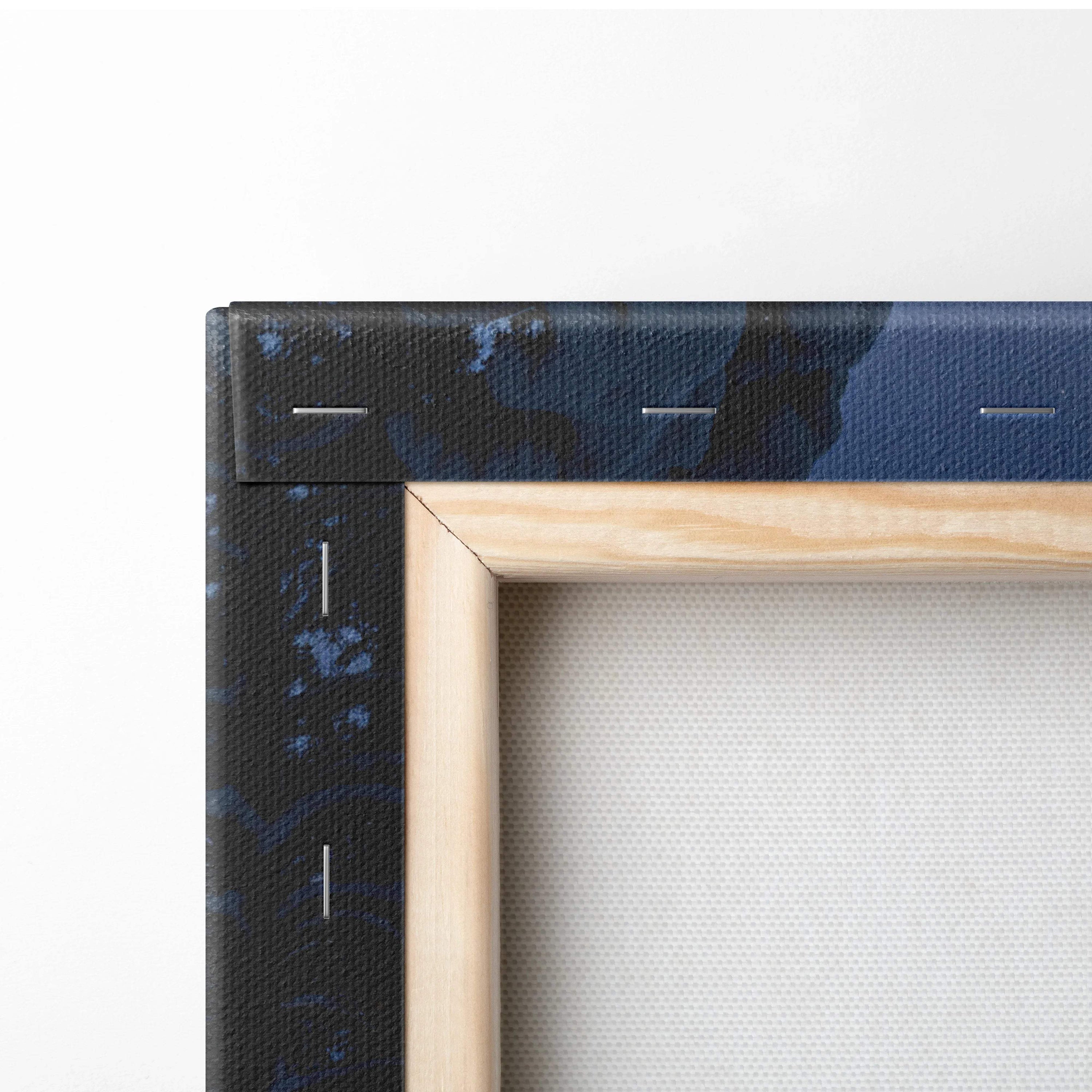 Minimalist wooden frame with dark blue textured canvas border for Dreamlike Winter Village art