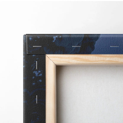 Minimalist wooden frame with dark blue textured canvas border for Dreamlike Winter Village art