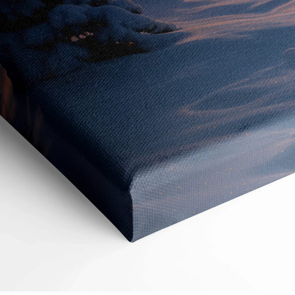 Dark blue textured canvas print of dreamlike winter village at dusk